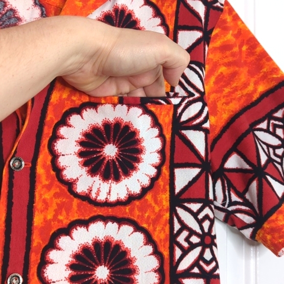 Vintage 60s Ui-Maikai Hawaiian Shirt Hibiscus Vibrant Orange Red Men's M - Picture 6 of 11